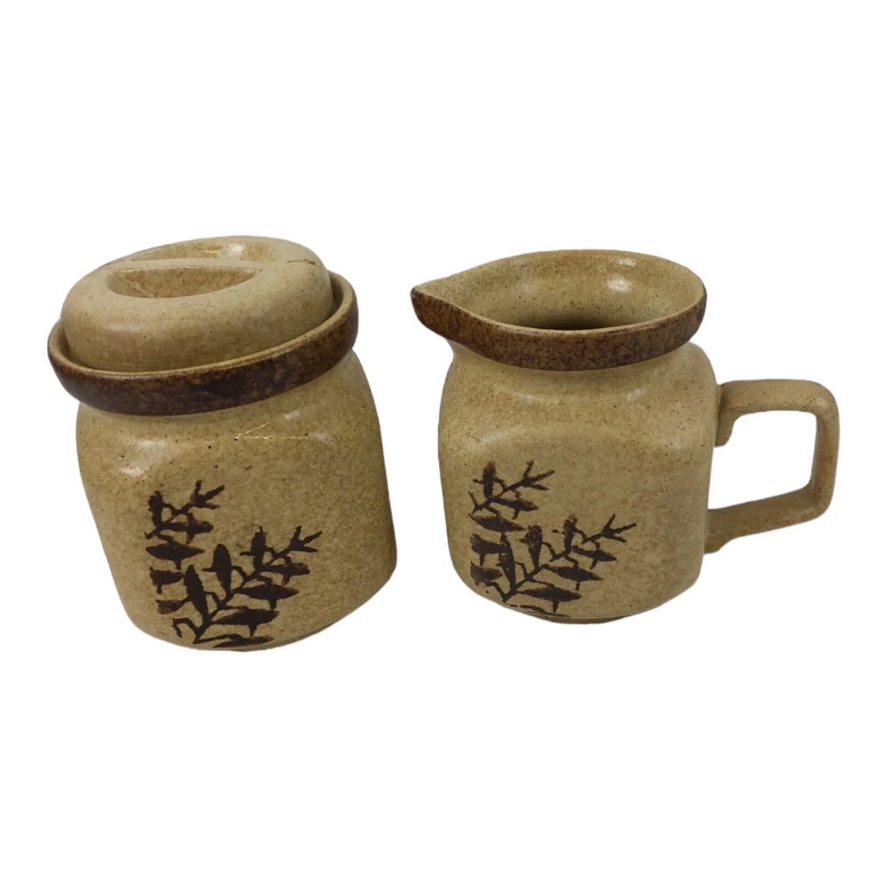 VTG Mid Century PIC USA Creamer & Sugar Bowl Set Square Stoneware Floral Pottery